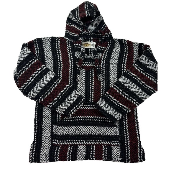 Earth Rags Festival Hoodie Red Black Baja Bohemian Striped Pullover Poncho Med - Picture 1 of 6